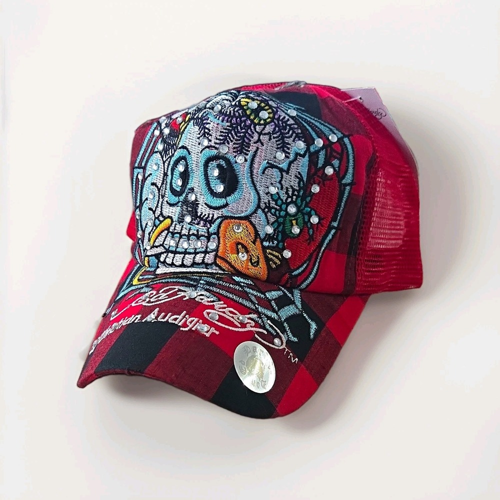 Ed Hardy Plaid Lumberjack Trucker Hat Skull Rhinestone Mesh Snapback Cap NWT NWT
